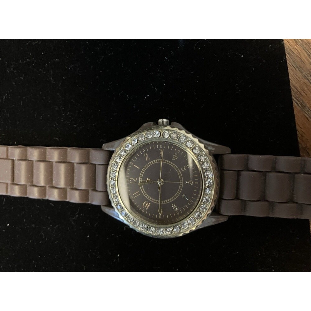 Brown Watch Rhinestone Gold Tone Bezel Working Silicone Band